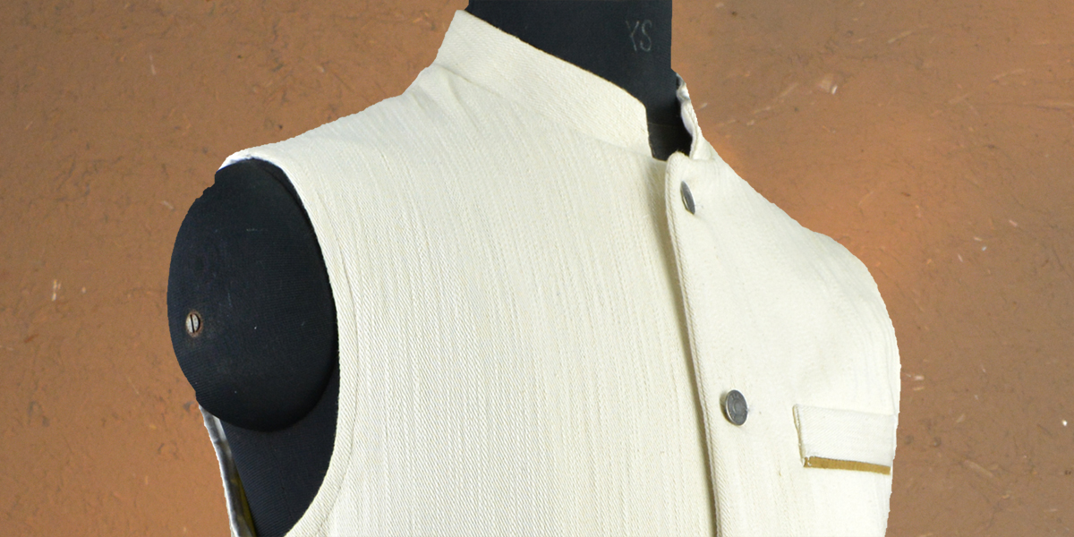 Handwoven Selvedge Khadi Denim Sleeve-less Nehru Jacket for Men - Hand-stitched