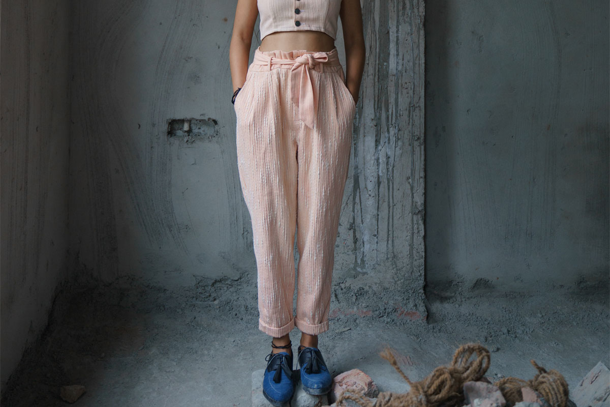 Paper Bag Trousers made from Eco-friendly Handwoven Khadi Selvedge Denim Fabric